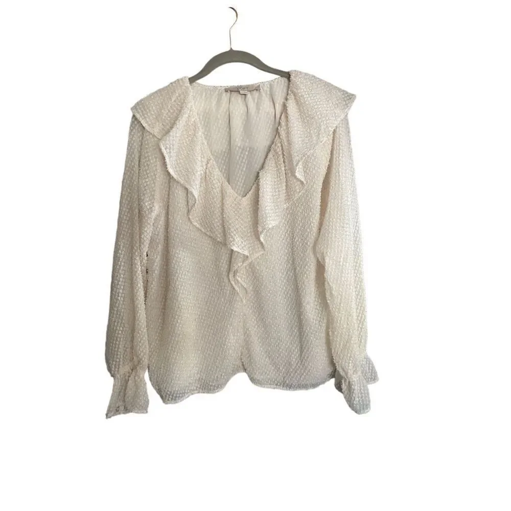 Loft white and gold shimmer ruffle Swiss.blouse size medium.￼